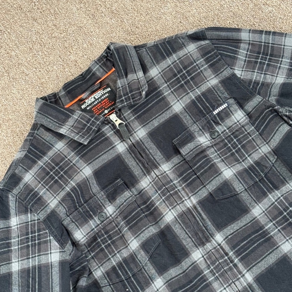 Superdry‎ Rookie Edition Men XXL Black Grey Plaid Zip Flannel Shirt Jacket